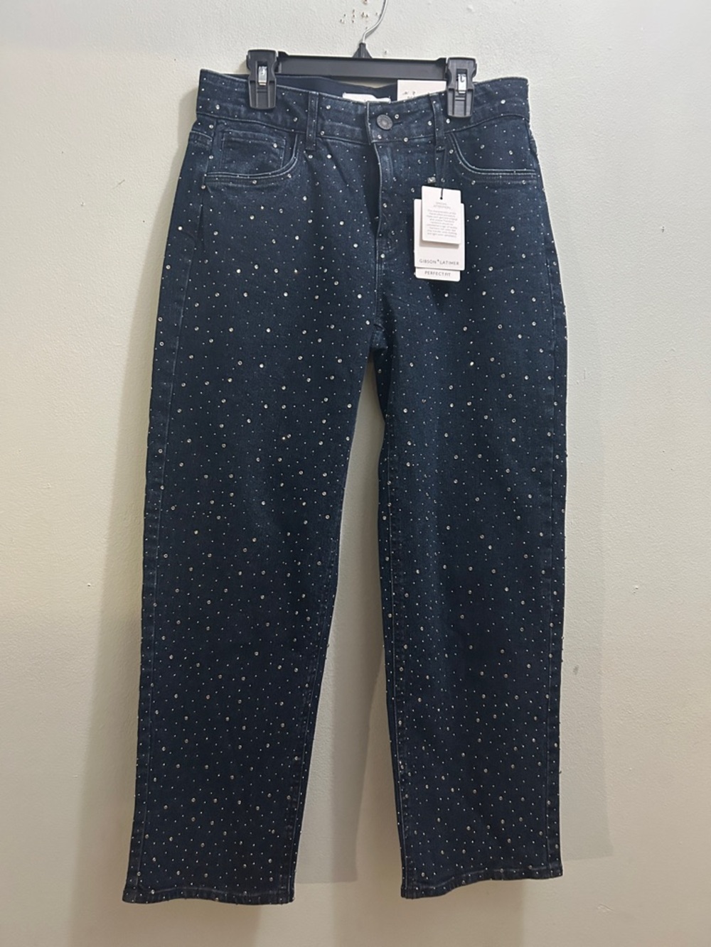 Gibson Latimer Navy Straight Jeans with Rhinestone Dot Detail